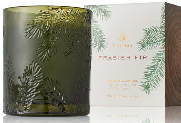 Thymes Frasier Fir Candle - Molded Green Glass Candle Jar 6.5 oz