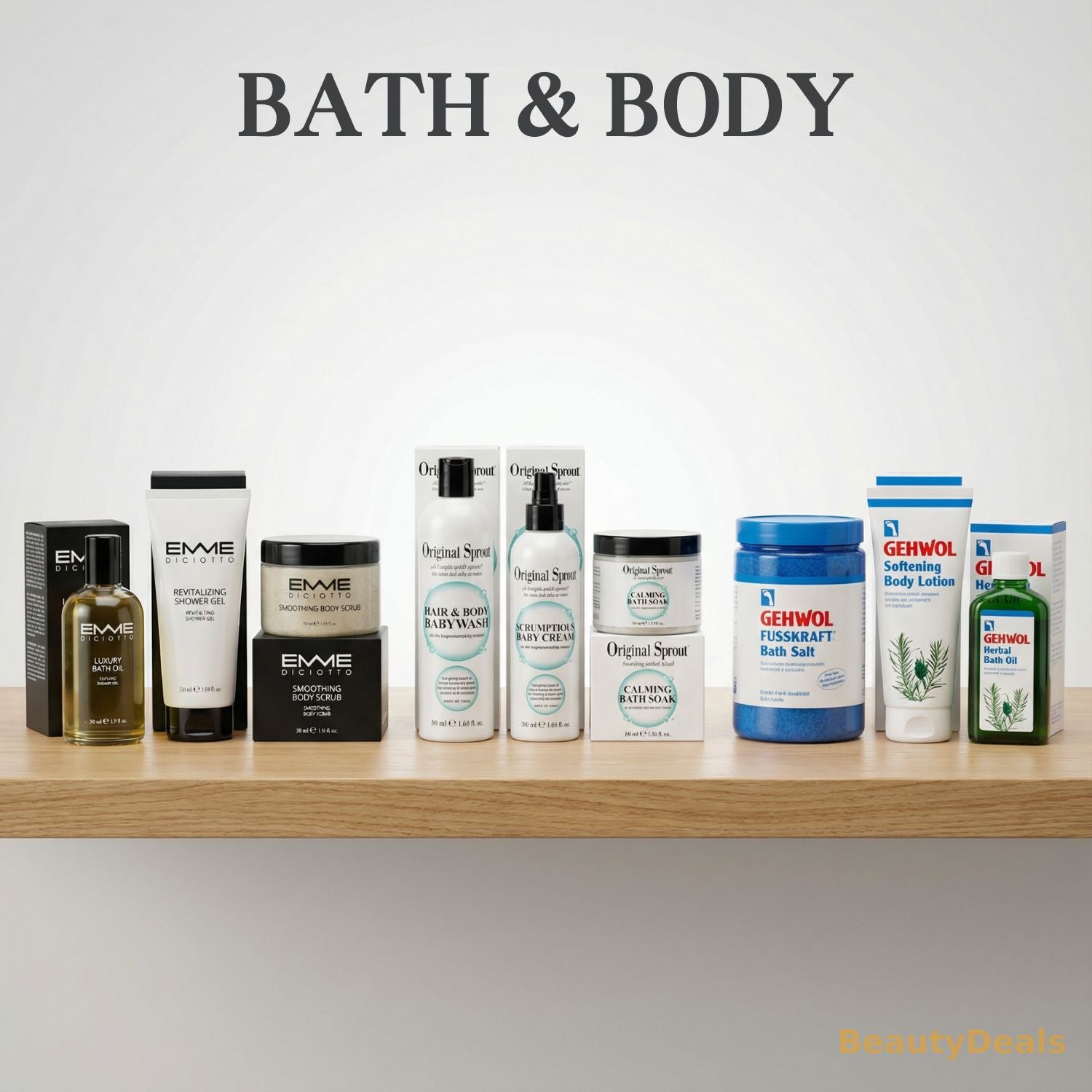 Bath and body products on a shelf with 'BATH & BODY' text above.