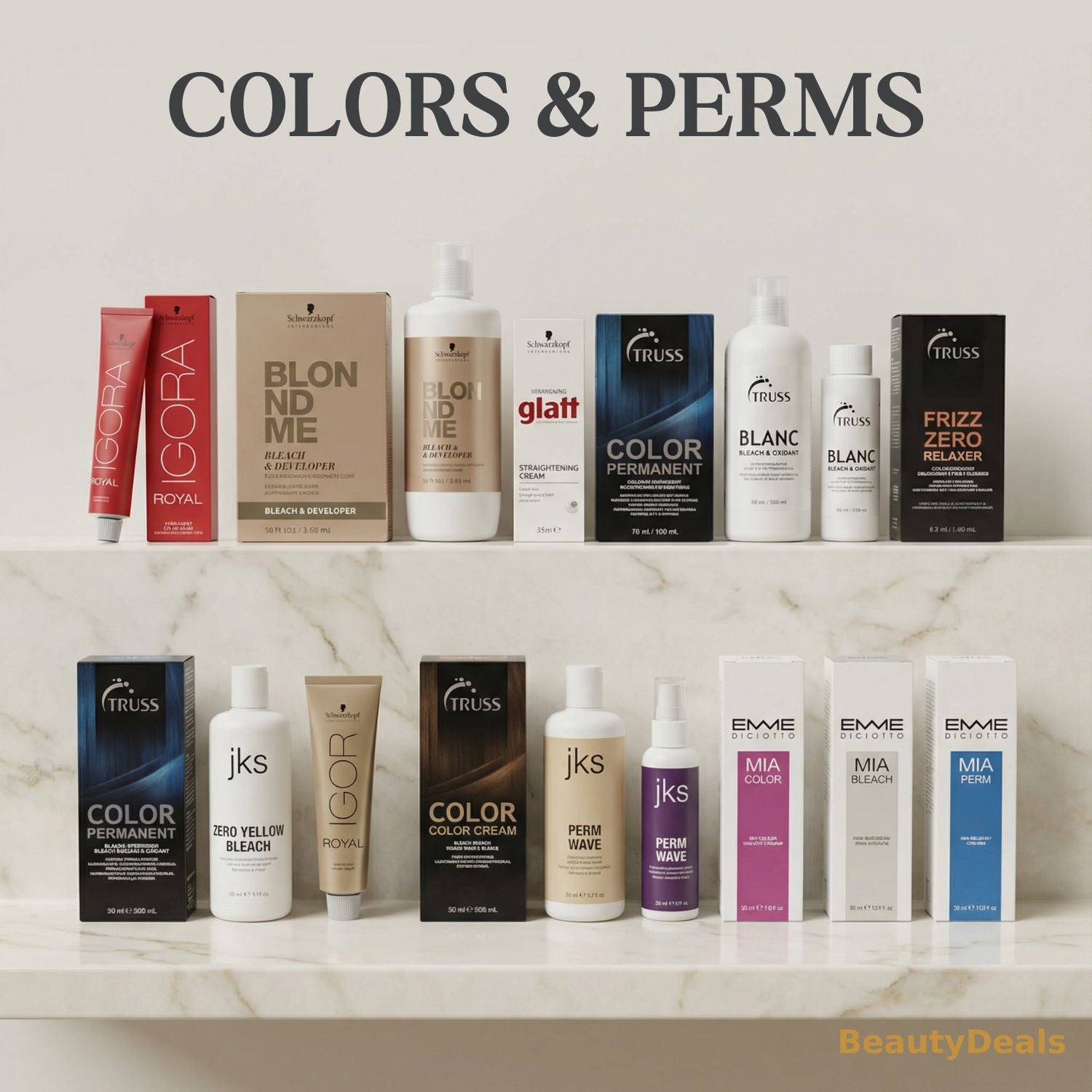Shelf displaying various hair care products with visible branding on a marble background.