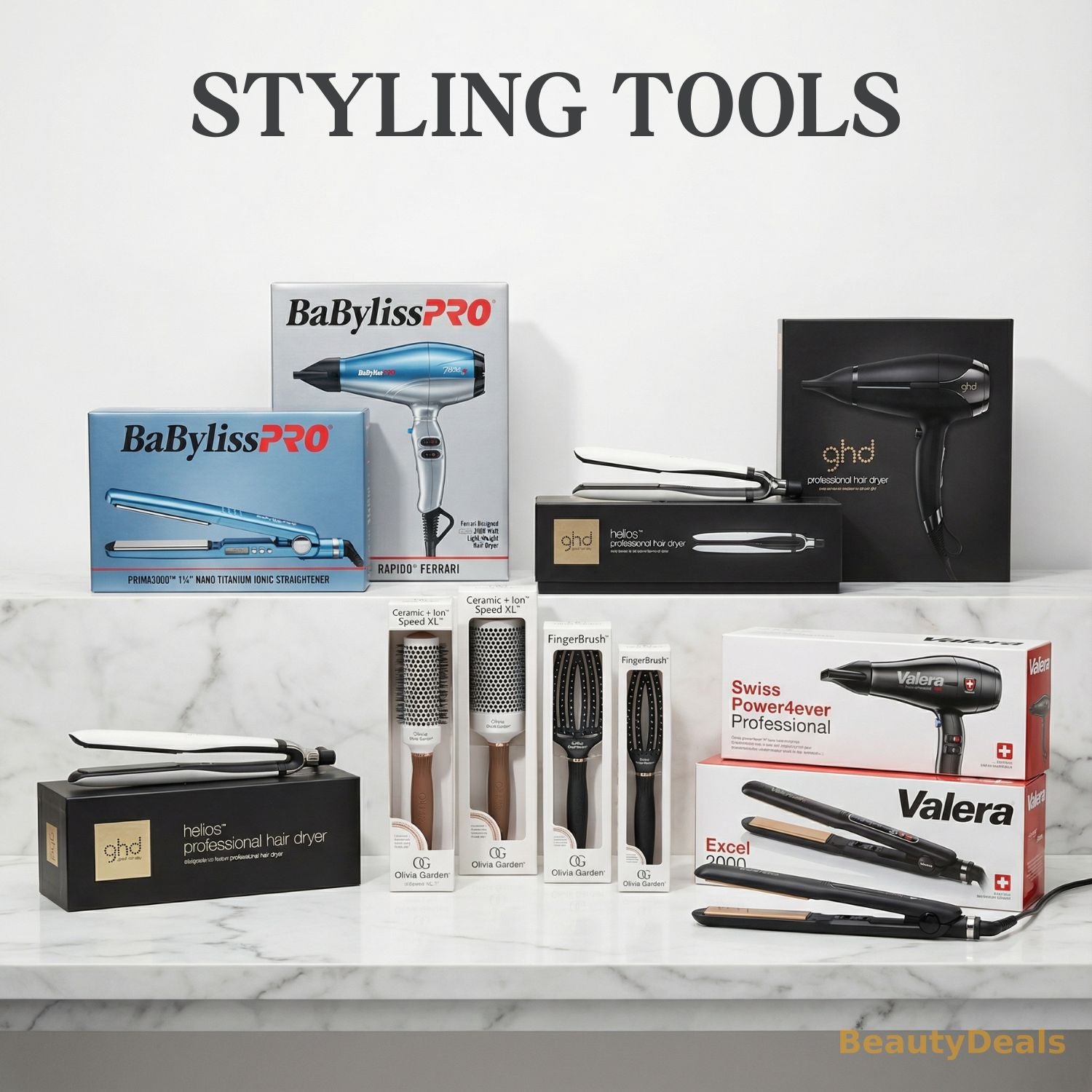 Collection of hair styling tools including hair straighteners, blow dryers, and curling irons with their packaging on a marble surface.