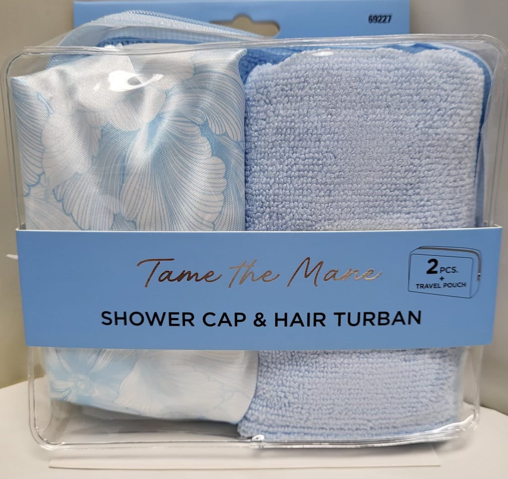 Tame the Mane Shower Cap and Hair Turban (Blue Print)