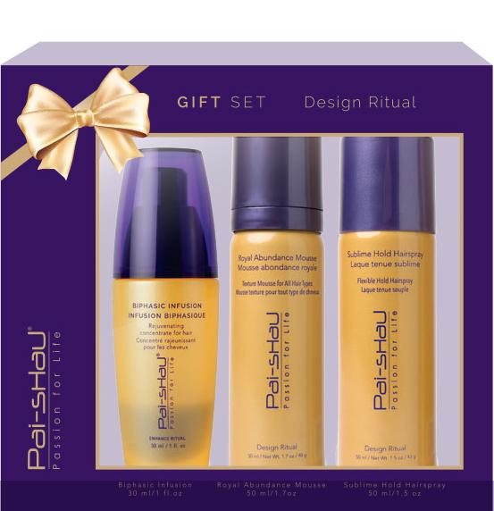 Design Ritual 1 x Biphasic Infusion 30 ml / 1 fl. Oz: 1 x Royal Abundance Mousse 50 ml / 1.7 fl. oz: 1 x Sublime Hold Hairspray 50 ml / 1.5 fl. Oz