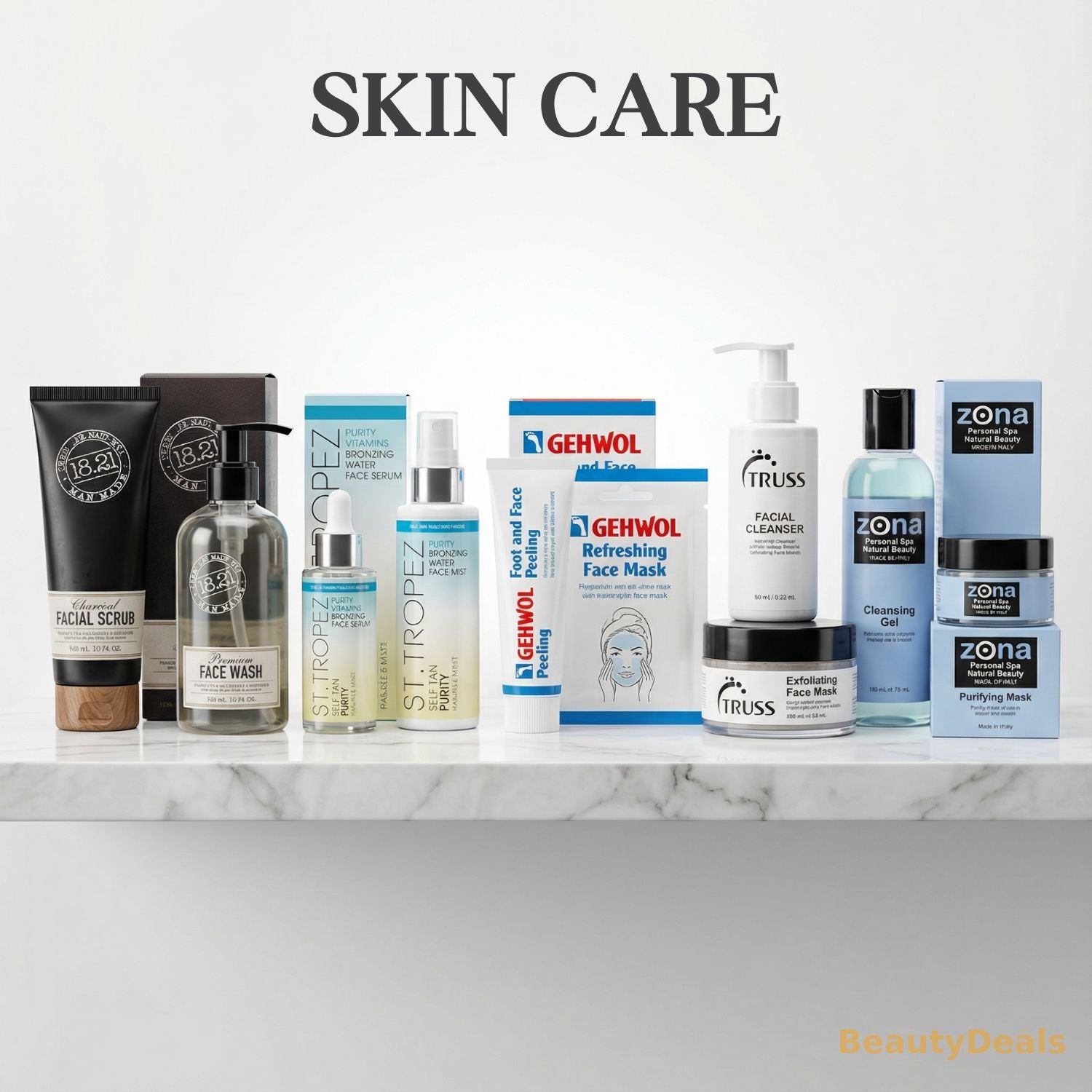 Collection of skincare products on a marble shelf with 'SKIN CARE' text above.