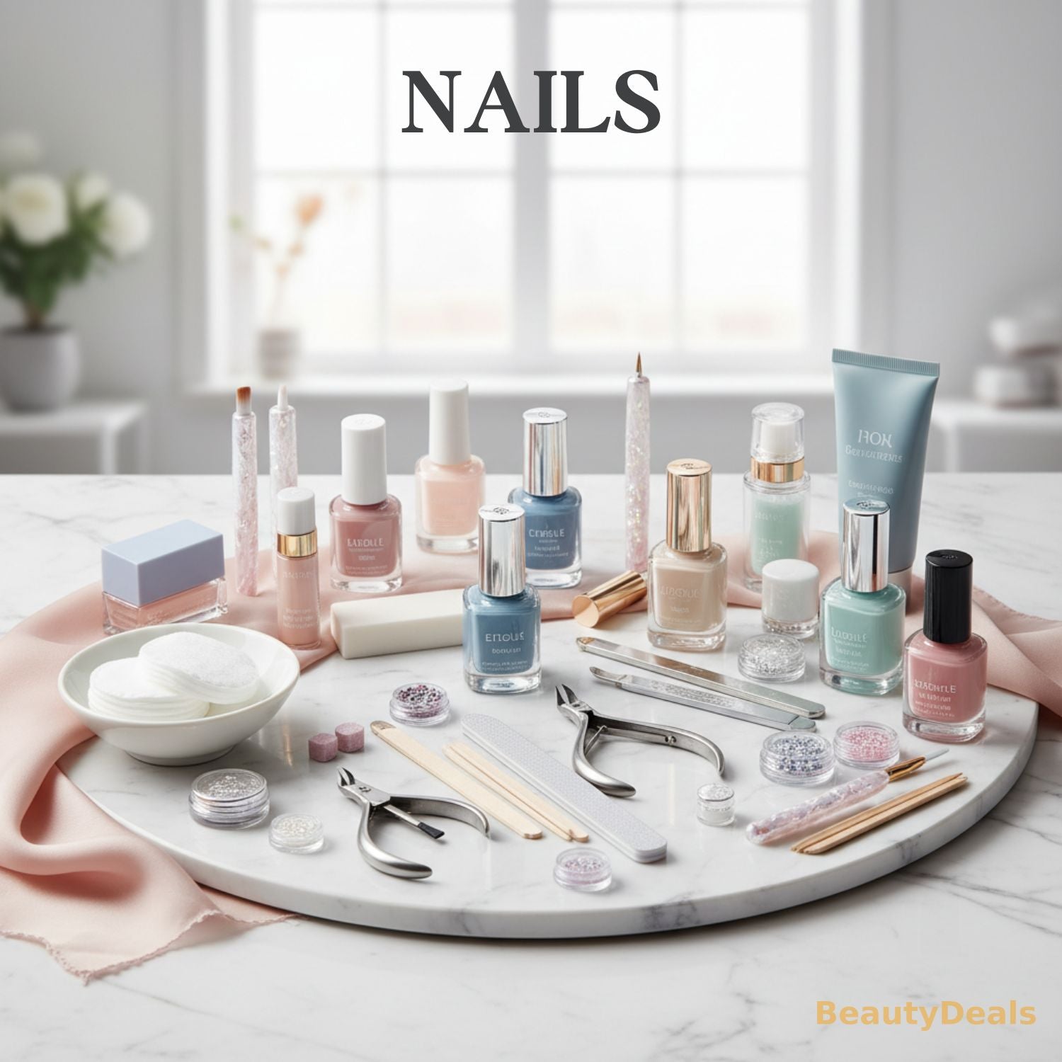 Nail care products on a round tray with 'NAILS' text above.
