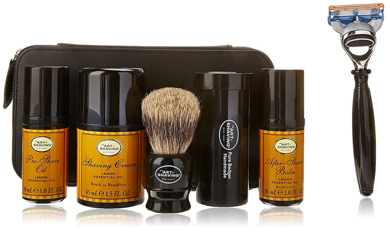 Travel Kit (Lemon): Razor+ Shaving Brush+ Pre-Shave Oil 30ml+ Shaving Cream 50ml+ A/S Balm 30ml+ Case - 5pcs+1case