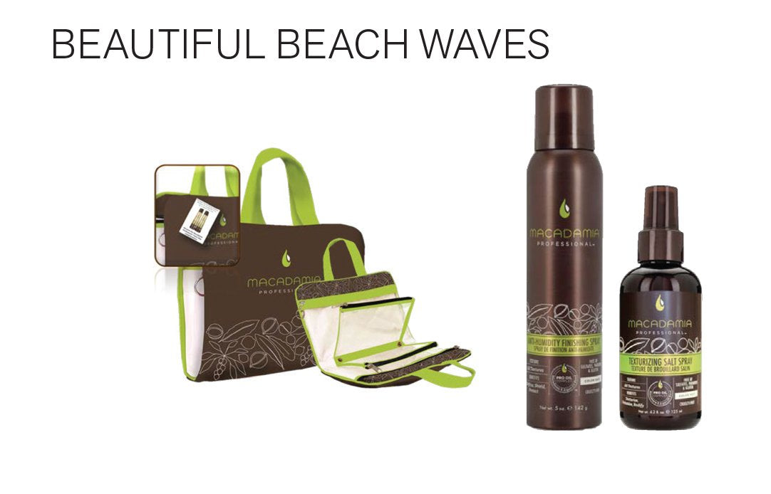 Beautiful Beach Waves..Purchase two Macadamia Professional Products: get a complimentary travel bag..Texturizing Salt Spray 4.2oz/125ml..Anti-Humidity Spray 5oz/142g
