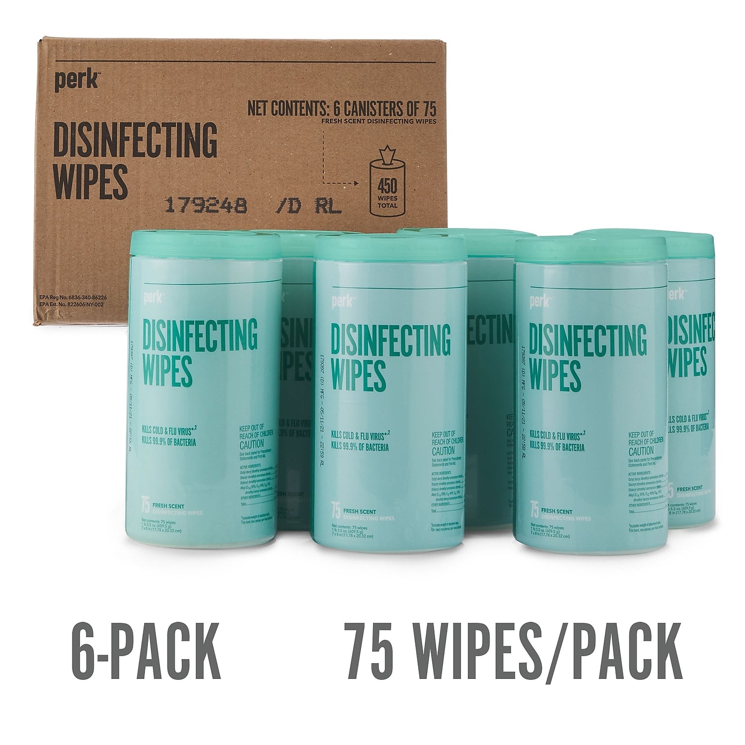 Perk™ Disinfecting Wipes, Fresh, 75 Wipes, 6/Carton