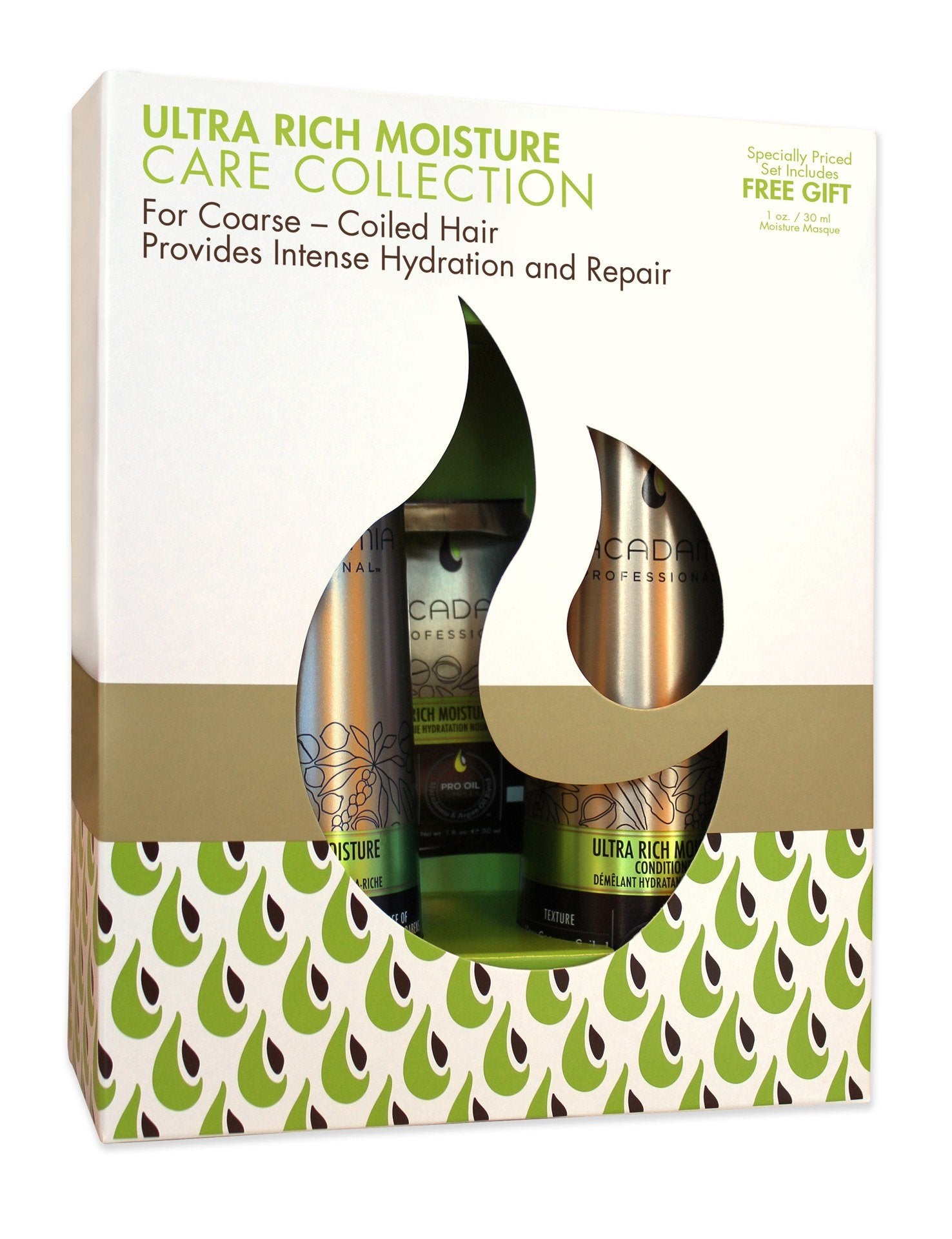 Includes: Ultra Rich Moisture Shampoo 10oz / 300 ml Ultra Rich Moisture Conditioner 10oz / 300 ml Ultra Rich Moisture Masque 1oz / 30 ml